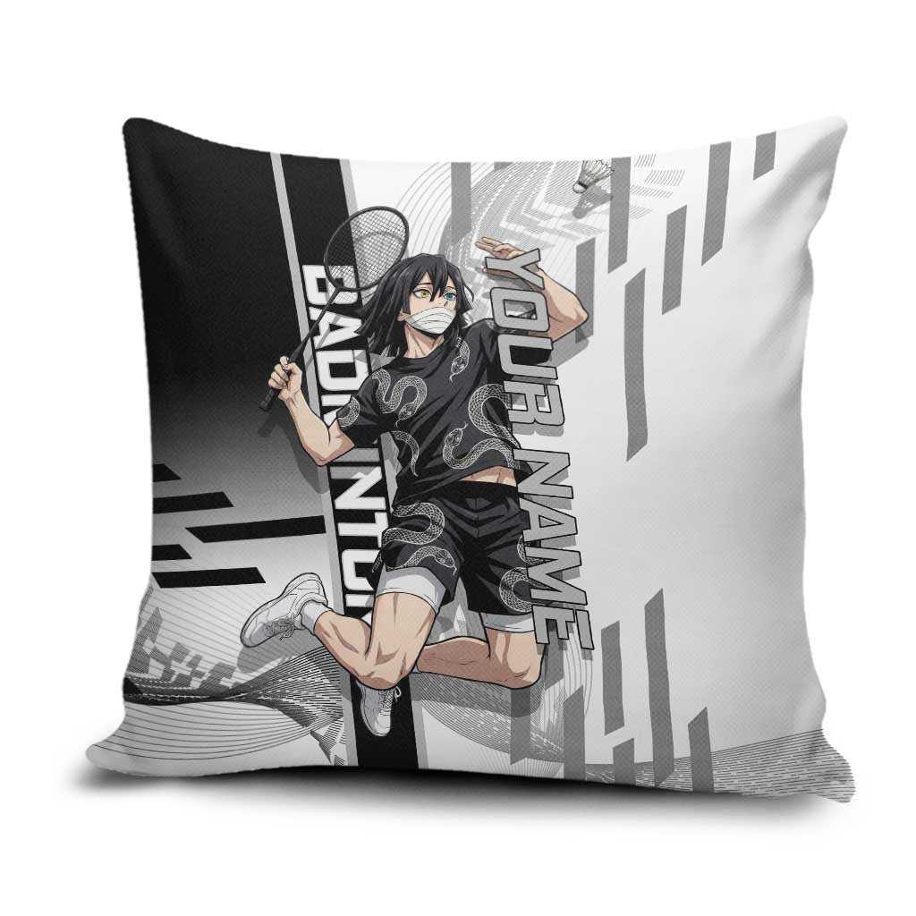 Personalized Obanai Iguro Demon Slayer Badminton Pillow Cover with Racket Action Pose and Black White Graphic Design - The Mazicc