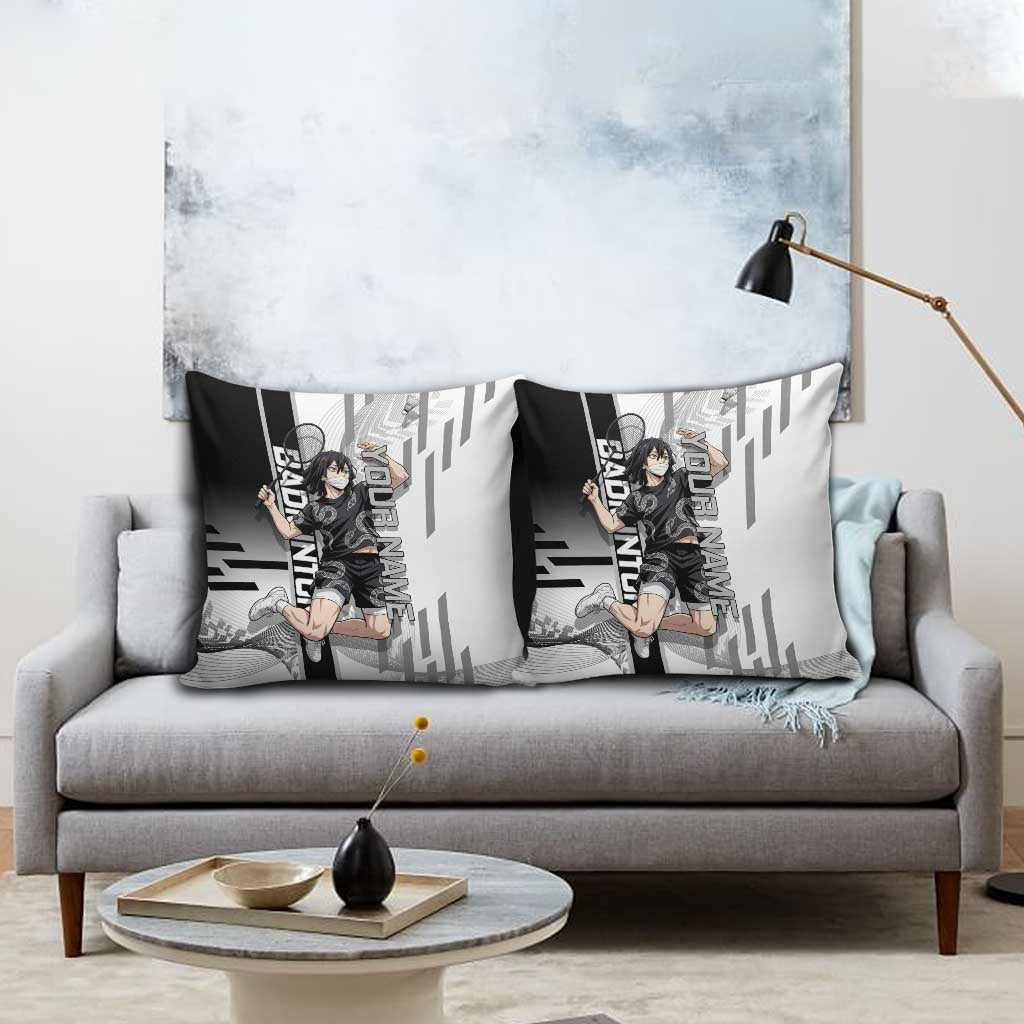 Personalized Obanai Iguro Demon Slayer Badminton Pillow Cover with Racket Action Pose and Black White Graphic Design - The Mazicc