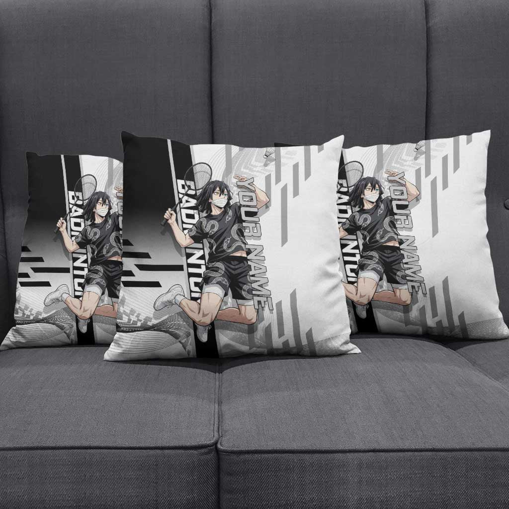 Personalized Obanai Iguro Demon Slayer Badminton Pillow Cover with Racket Action Pose and Black White Graphic Design - The Mazicc