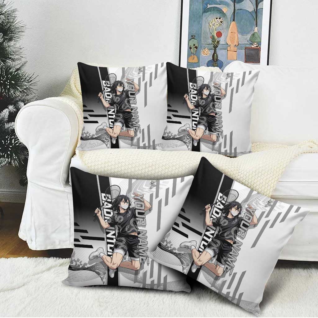 Personalized Obanai Iguro Demon Slayer Badminton Pillow Cover with Racket Action Pose and Black White Graphic Design - The Mazicc