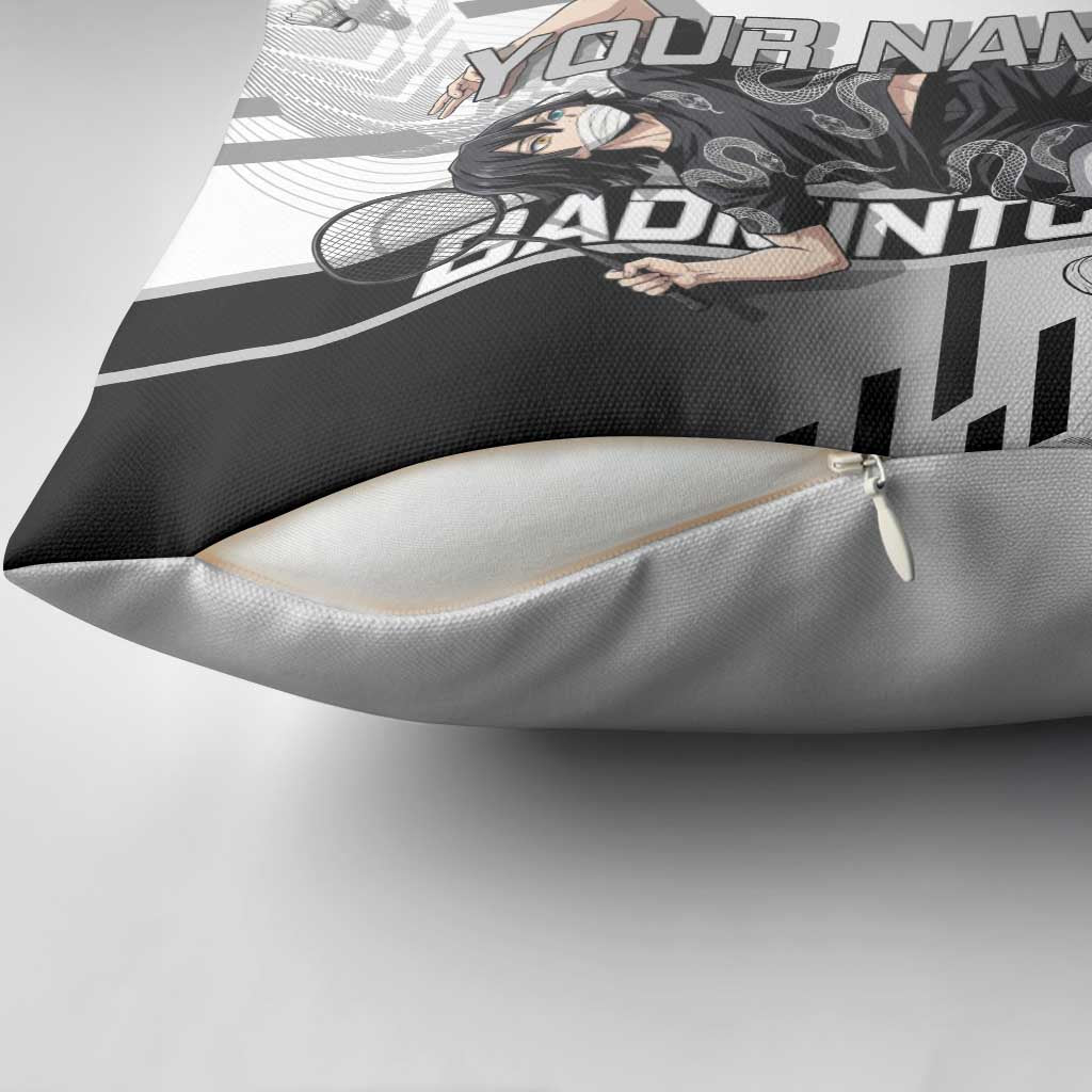 Personalized Obanai Iguro Demon Slayer Badminton Pillow Cover with Racket Action Pose and Black White Graphic Design - The Mazicc
