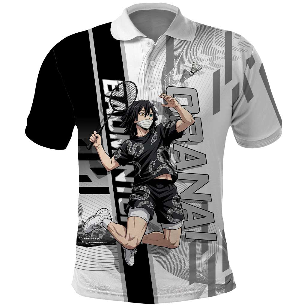 Personalized Obanai Iguro Demon Slayer Badminton Polo Shirt with Racket Action Pose and Black White Graphic Design - The Mazicc
