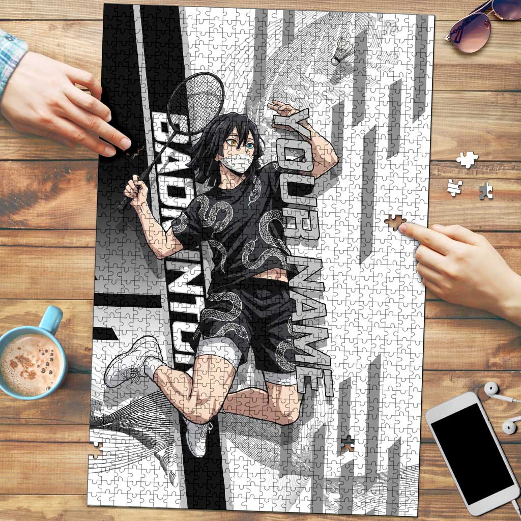 Personalized Obanai Iguro Demon Slayer Badminton Puzzle with Racket Action Pose and Black White Graphic Design - The Mazicc