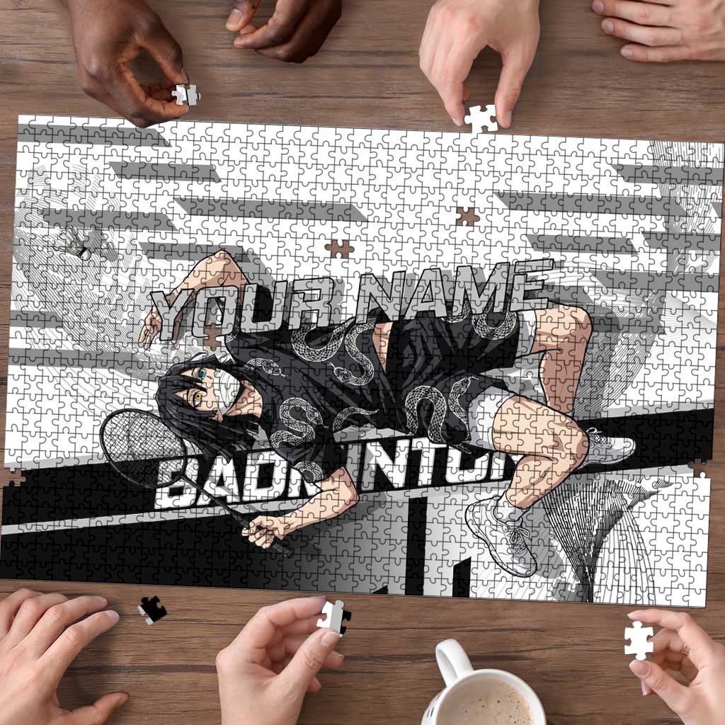 Personalized Obanai Iguro Demon Slayer Badminton Puzzle with Racket Action Pose and Black White Graphic Design - The Mazicc