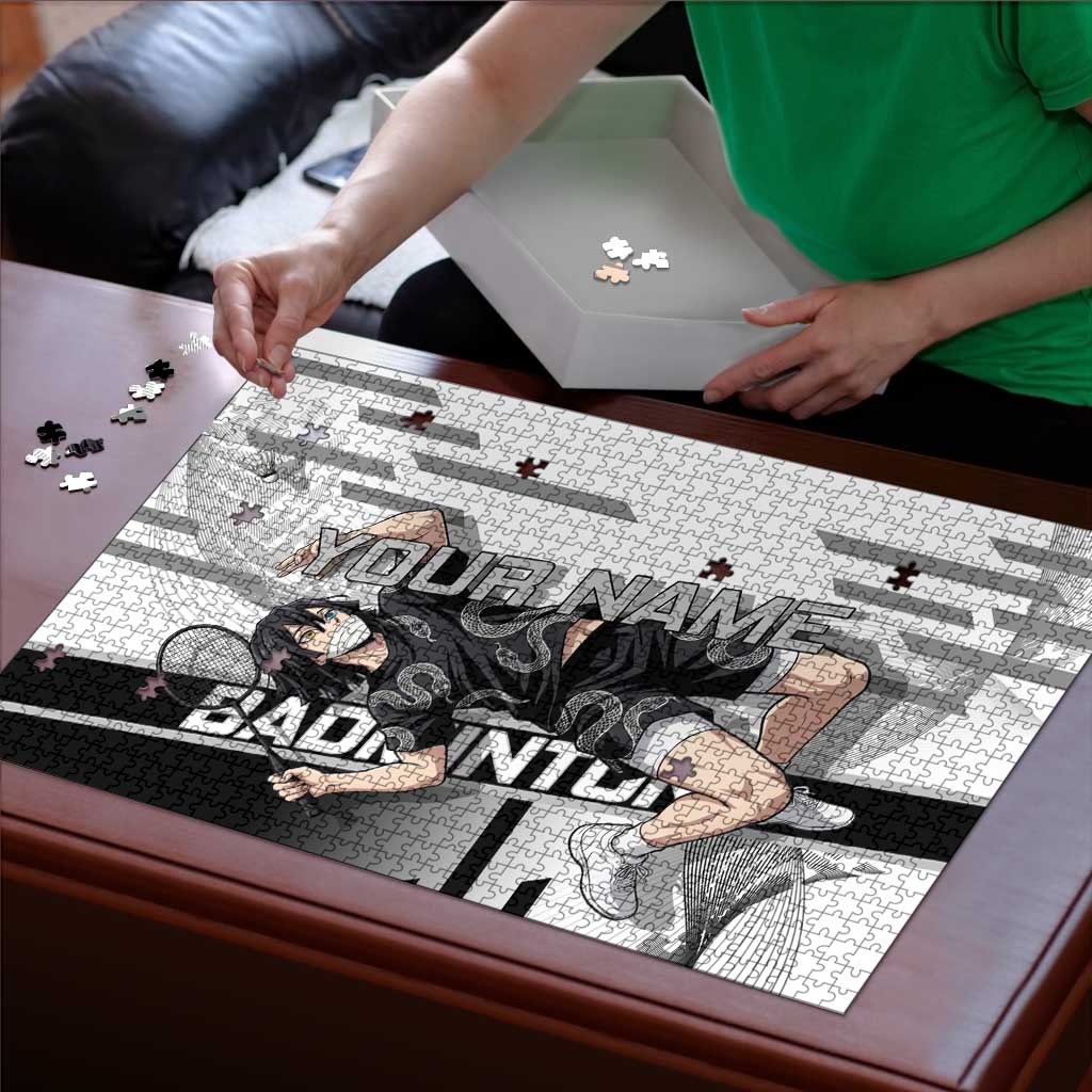 Personalized Obanai Iguro Demon Slayer Badminton Puzzle with Racket Action Pose and Black White Graphic Design - The Mazicc
