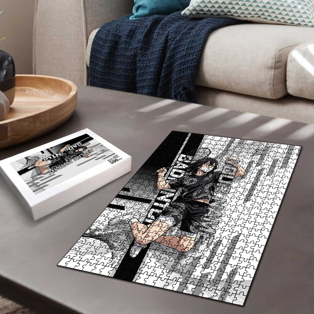 Personalized Obanai Iguro Demon Slayer Badminton Puzzle with Racket Action Pose and Black White Graphic Design - The Mazicc
