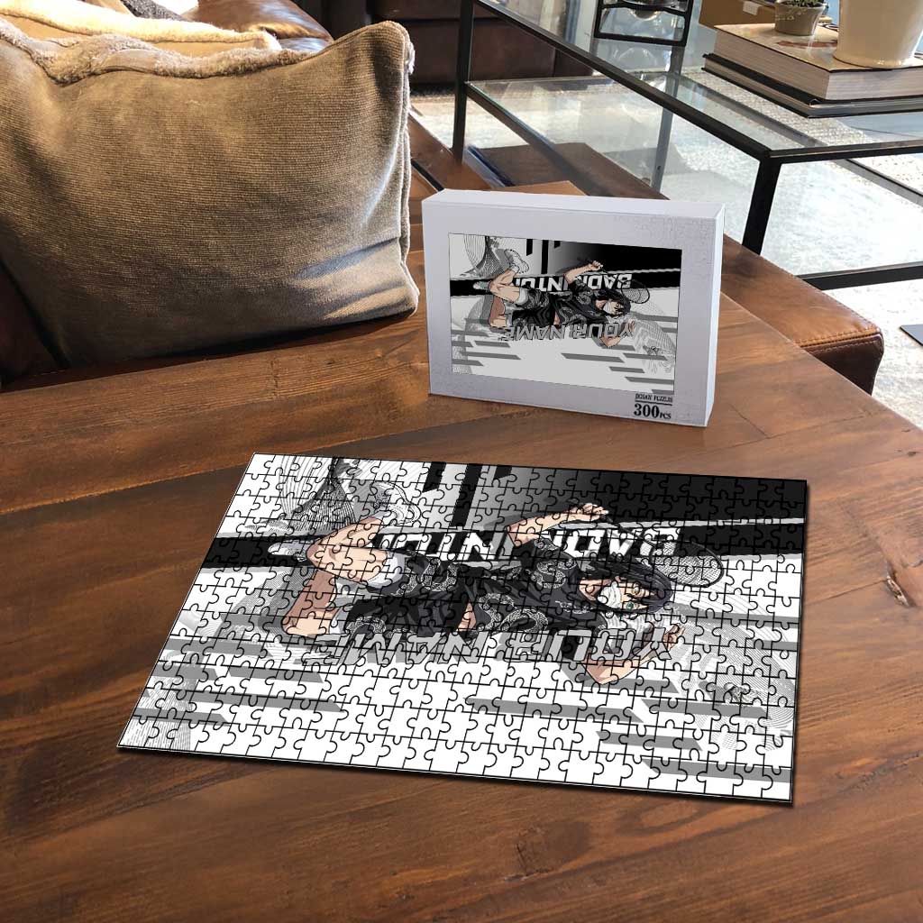 Personalized Obanai Iguro Demon Slayer Badminton Puzzle with Racket Action Pose and Black White Graphic Design - The Mazicc