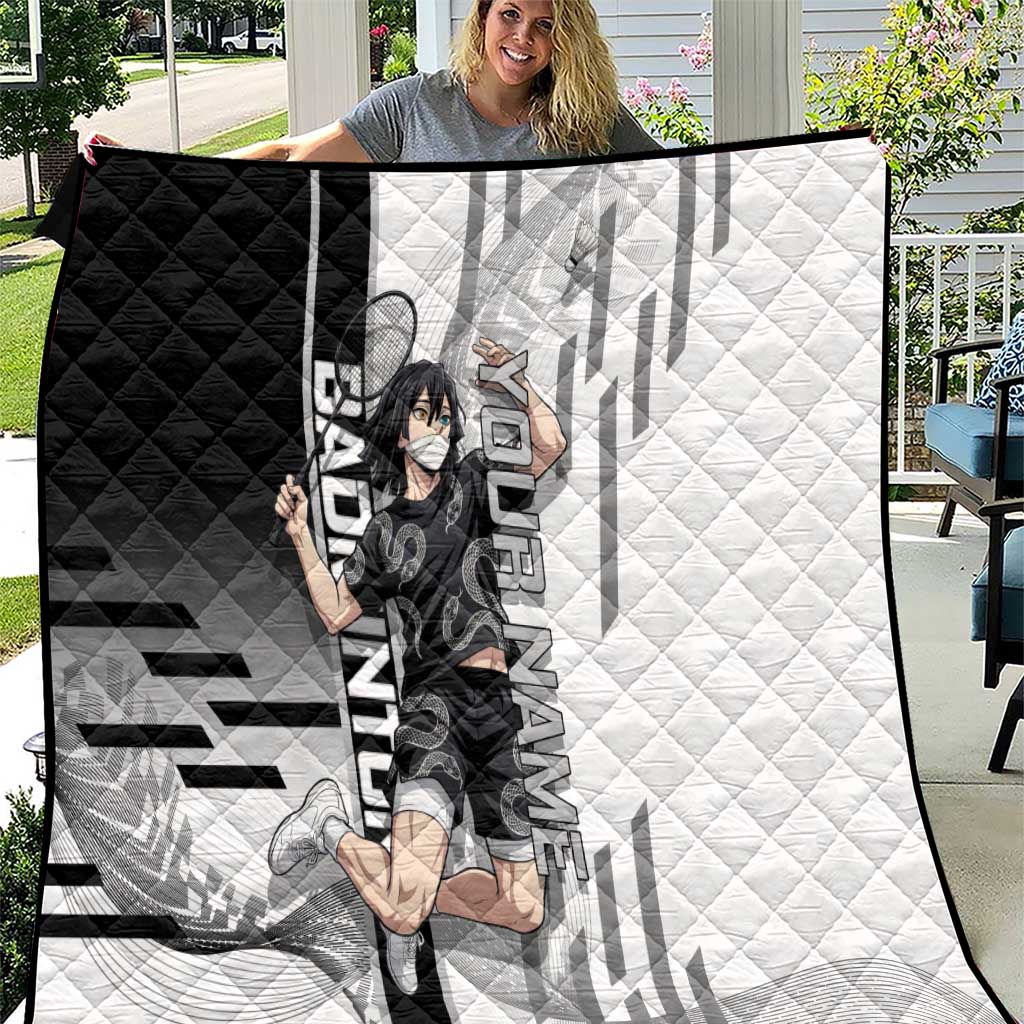 Personalized Obanai Iguro Demon Slayer Badminton Quilt with Racket Action Pose and Black White Graphic Design - The Mazicc
