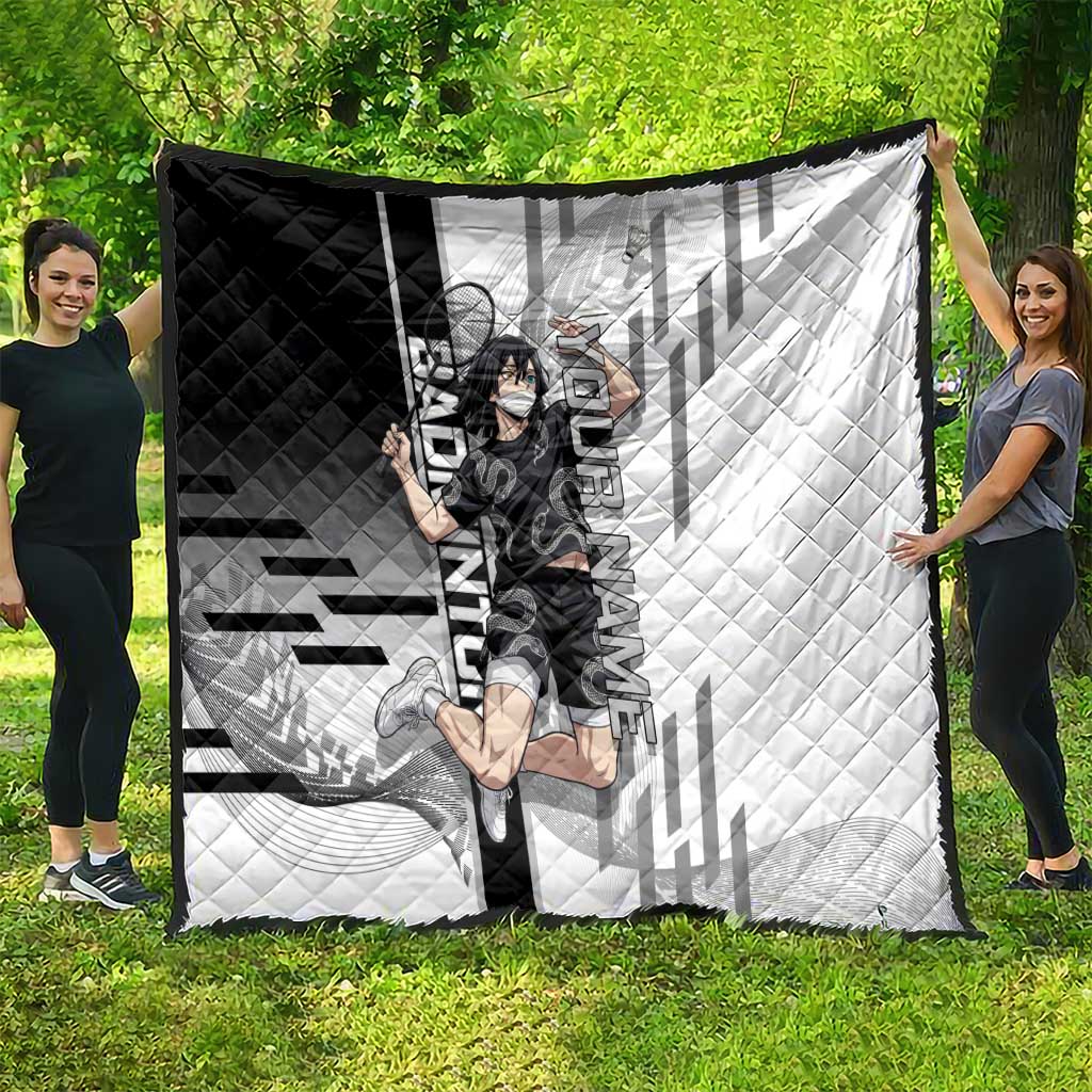 Personalized Obanai Iguro Demon Slayer Badminton Quilt with Racket Action Pose and Black White Graphic Design - The Mazicc