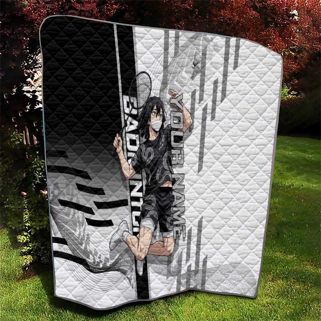 Personalized Obanai Iguro Demon Slayer Badminton Quilt with Racket Action Pose and Black White Graphic Design - The Mazicc