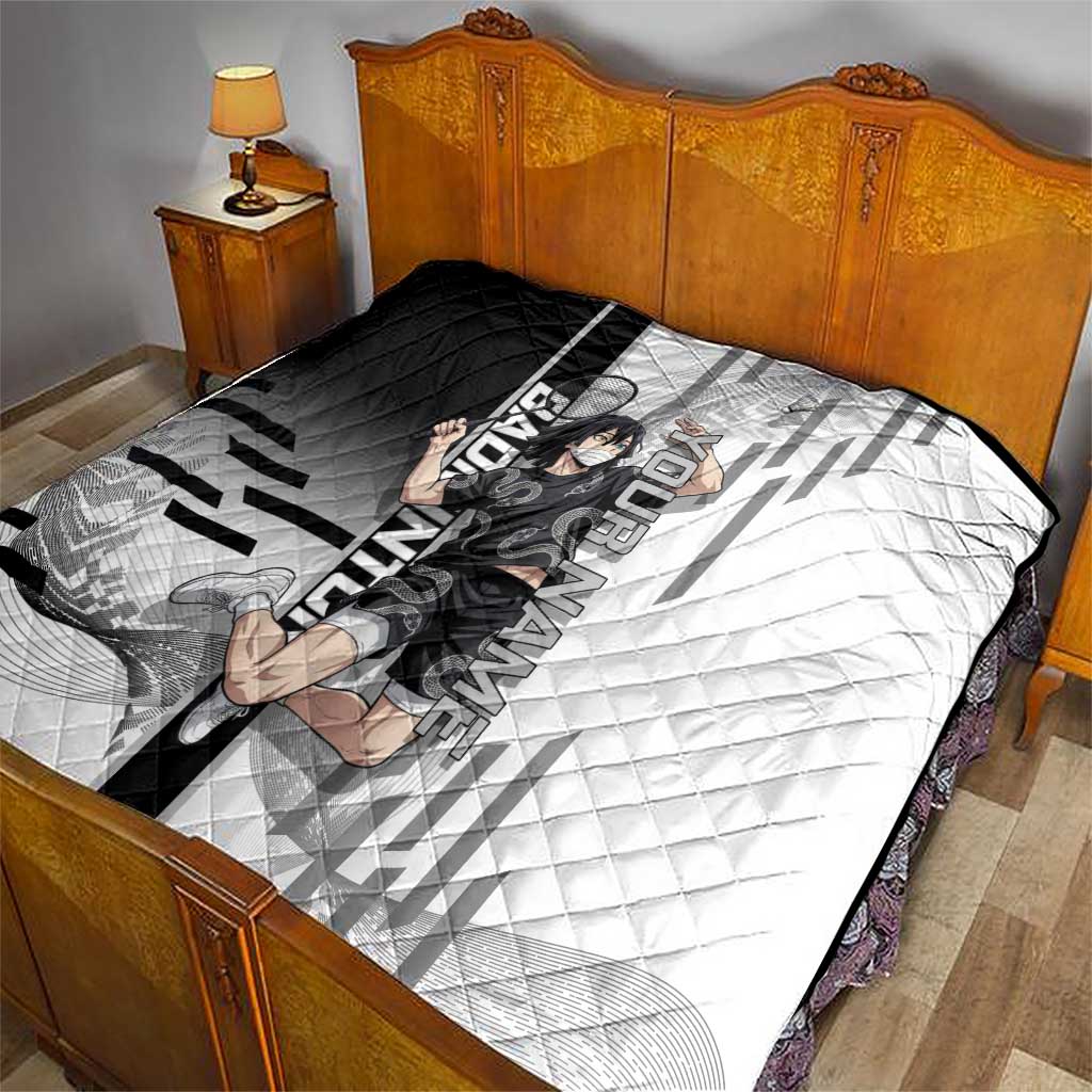 Personalized Obanai Iguro Demon Slayer Badminton Quilt with Racket Action Pose and Black White Graphic Design - The Mazicc