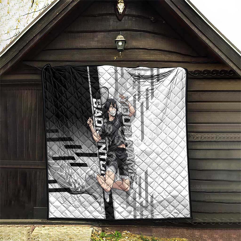 Personalized Obanai Iguro Demon Slayer Badminton Quilt with Racket Action Pose and Black White Graphic Design - The Mazicc