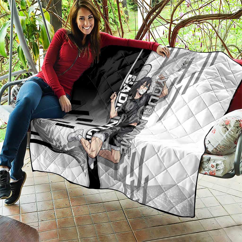 Personalized Obanai Iguro Demon Slayer Badminton Quilt with Racket Action Pose and Black White Graphic Design - The Mazicc