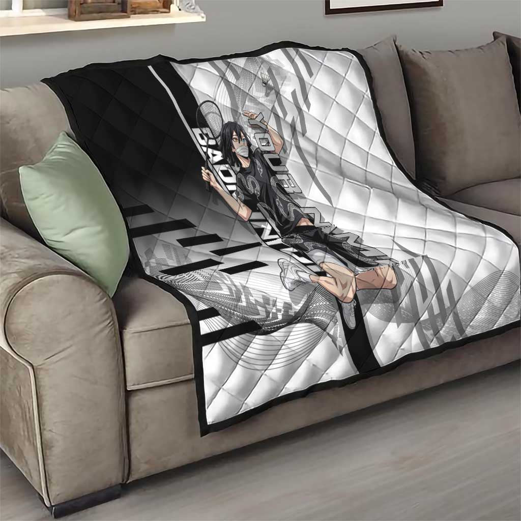 Personalized Obanai Iguro Demon Slayer Badminton Quilt with Racket Action Pose and Black White Graphic Design - The Mazicc