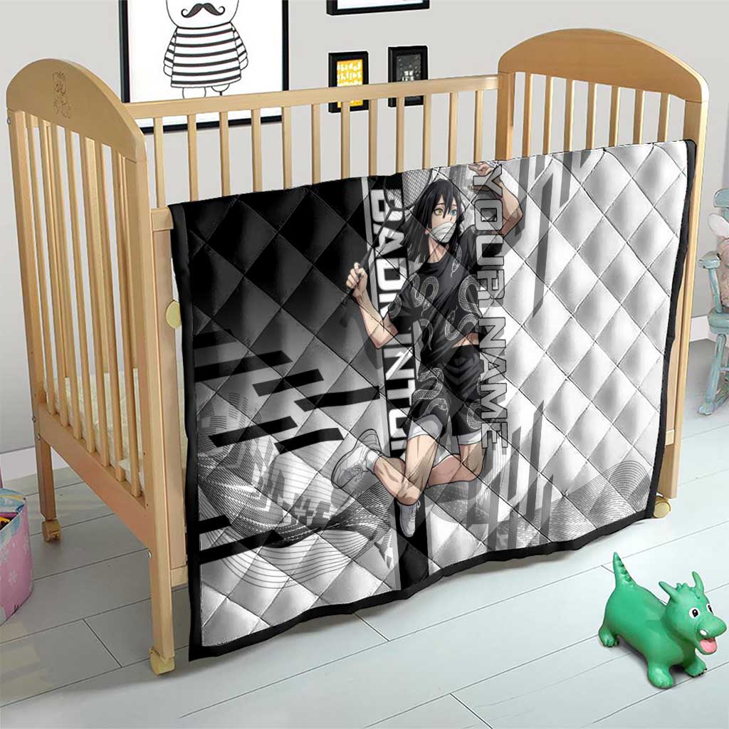 Personalized Obanai Iguro Demon Slayer Badminton Quilt with Racket Action Pose and Black White Graphic Design - The Mazicc