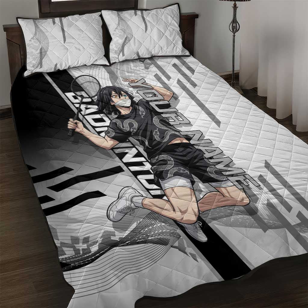 Personalized Obanai Iguro Demon Slayer Badminton Quilt Bed Set with Racket Action Pose and Black White Graphic Design - The Mazicc