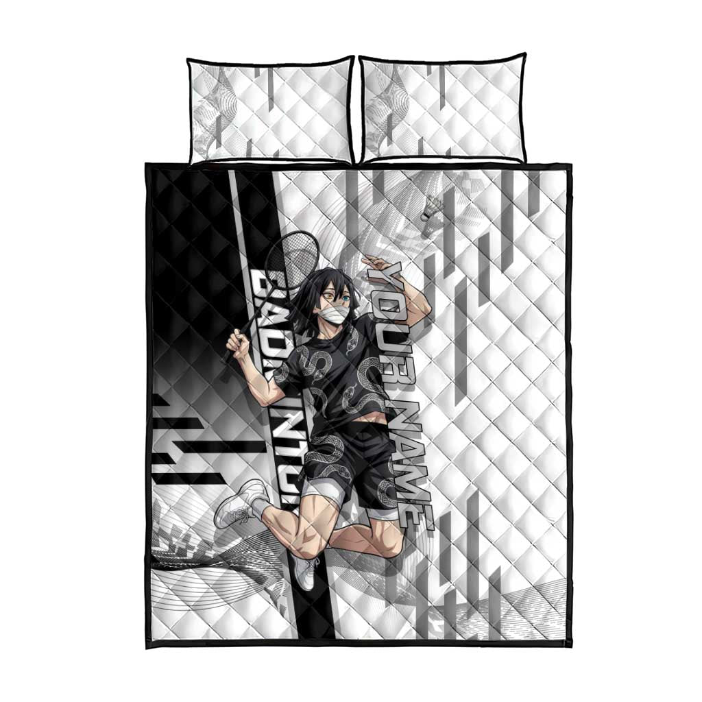 Personalized Obanai Iguro Demon Slayer Badminton Quilt Bed Set with Racket Action Pose and Black White Graphic Design - The Mazicc