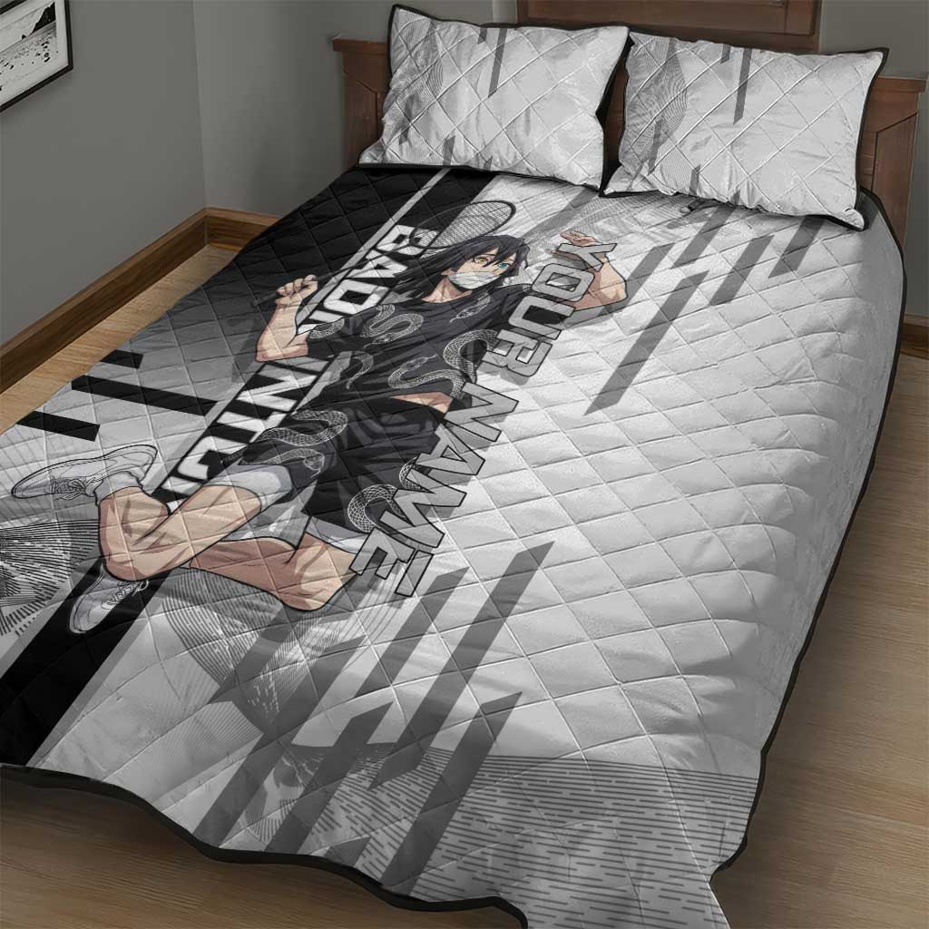 Personalized Obanai Iguro Demon Slayer Badminton Quilt Bed Set with Racket Action Pose and Black White Graphic Design - The Mazicc