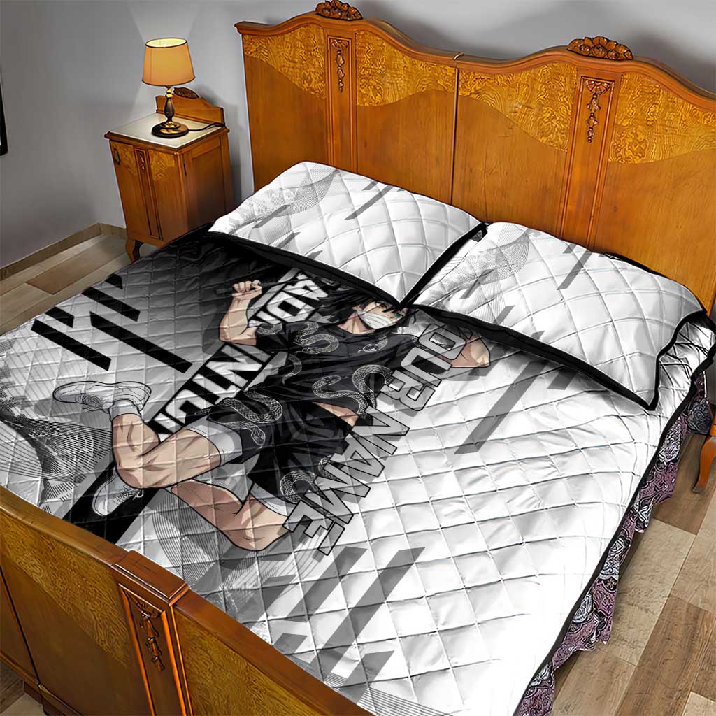 Personalized Obanai Iguro Demon Slayer Badminton Quilt Bed Set with Racket Action Pose and Black White Graphic Design - The Mazicc