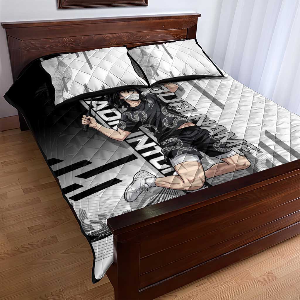 Personalized Obanai Iguro Demon Slayer Badminton Quilt Bed Set with Racket Action Pose and Black White Graphic Design - The Mazicc