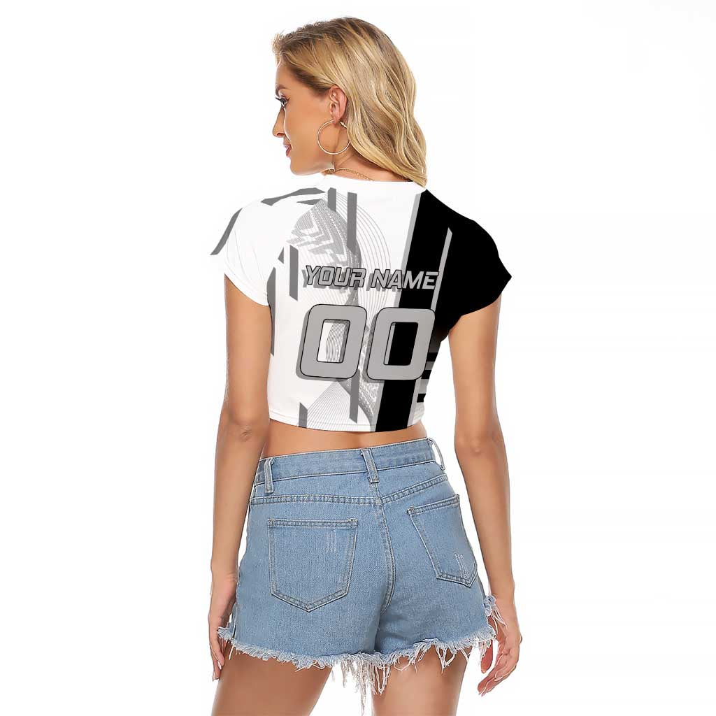 Personalized Obanai Iguro Demon Slayer Badminton Raglan Cropped T Shirt with Racket Action Pose and Black White Graphic Design - The Mazicc