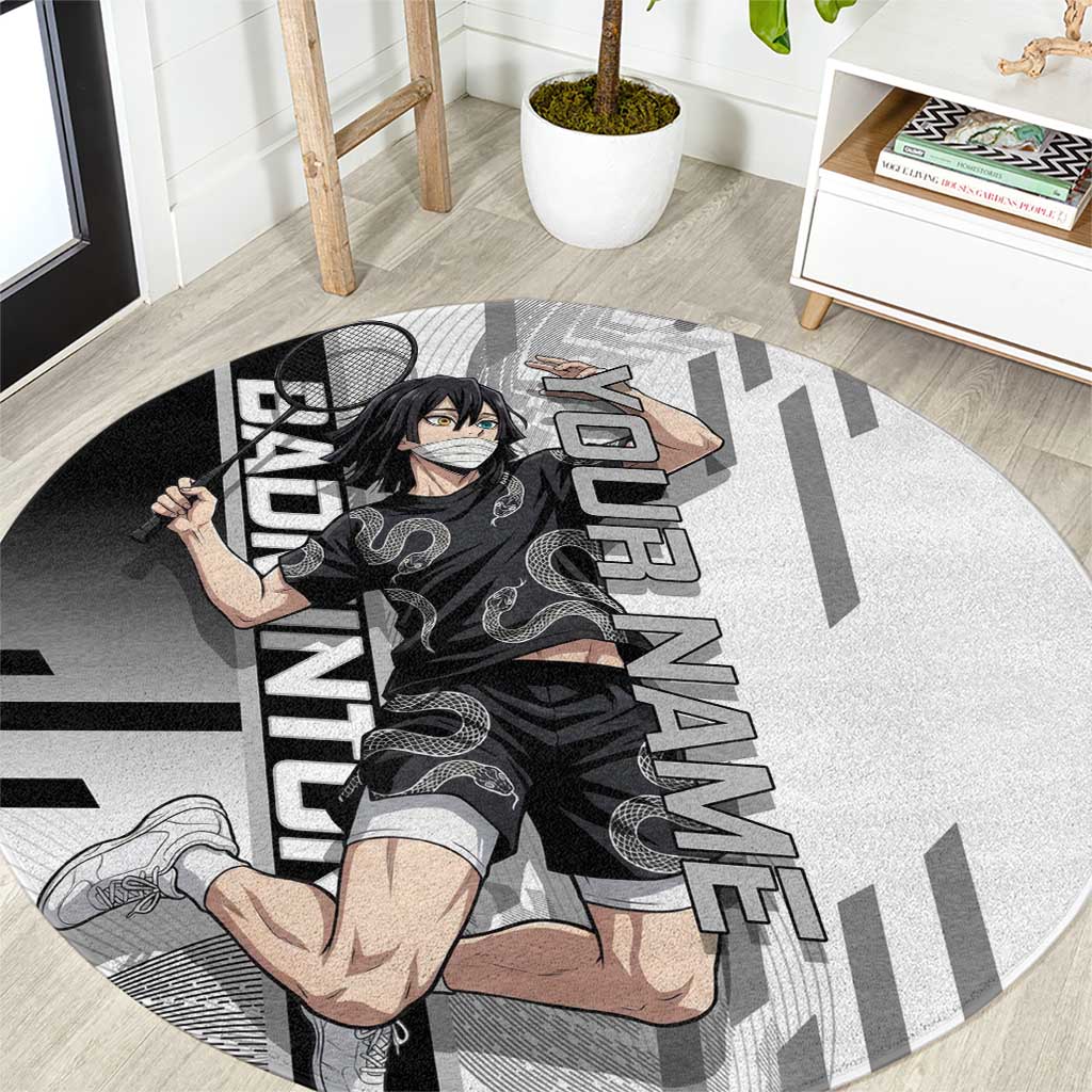 Personalized Obanai Iguro Demon Slayer Badminton Round Carpet with Racket Action Pose and Black White Graphic Design - The Mazicc