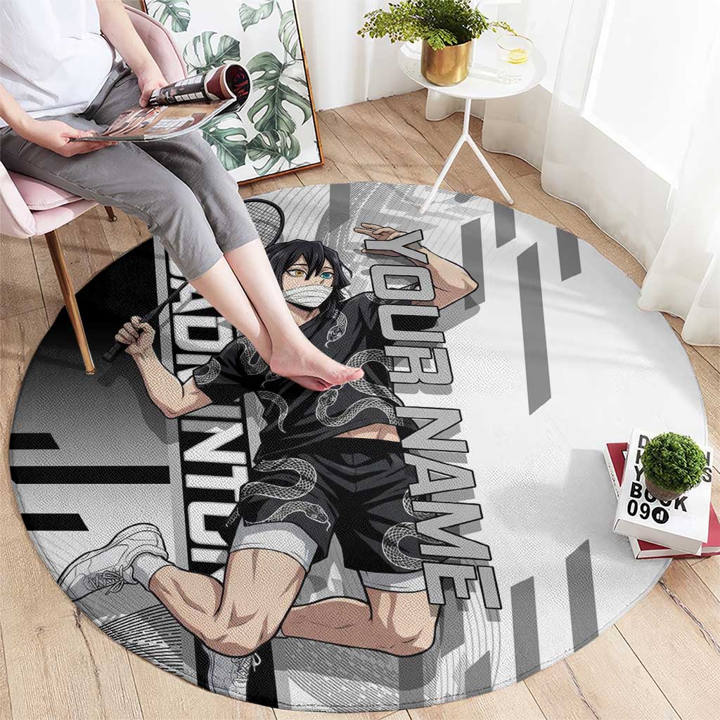 Personalized Obanai Iguro Demon Slayer Badminton Round Carpet with Racket Action Pose and Black White Graphic Design - The Mazicc