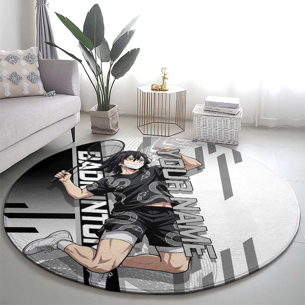 Personalized Obanai Iguro Demon Slayer Badminton Round Carpet with Racket Action Pose and Black White Graphic Design - The Mazicc
