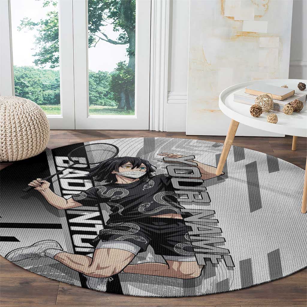Personalized Obanai Iguro Demon Slayer Badminton Round Carpet with Racket Action Pose and Black White Graphic Design - The Mazicc
