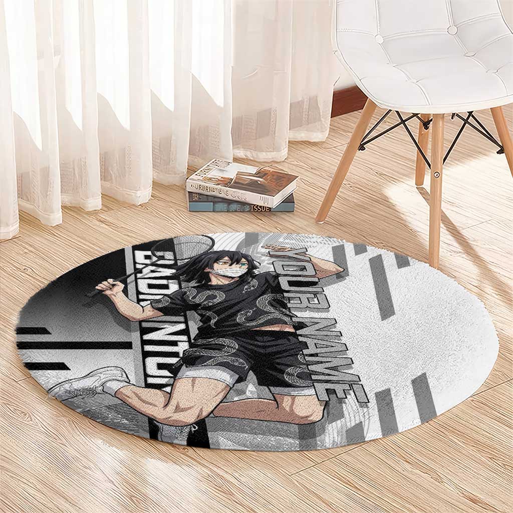 Personalized Obanai Iguro Demon Slayer Badminton Round Carpet with Racket Action Pose and Black White Graphic Design - The Mazicc