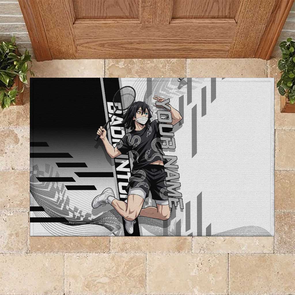 Personalized Obanai Iguro Demon Slayer Badminton Rubber Doormat with Racket Action Pose and Black White Graphic Design - The Mazicc