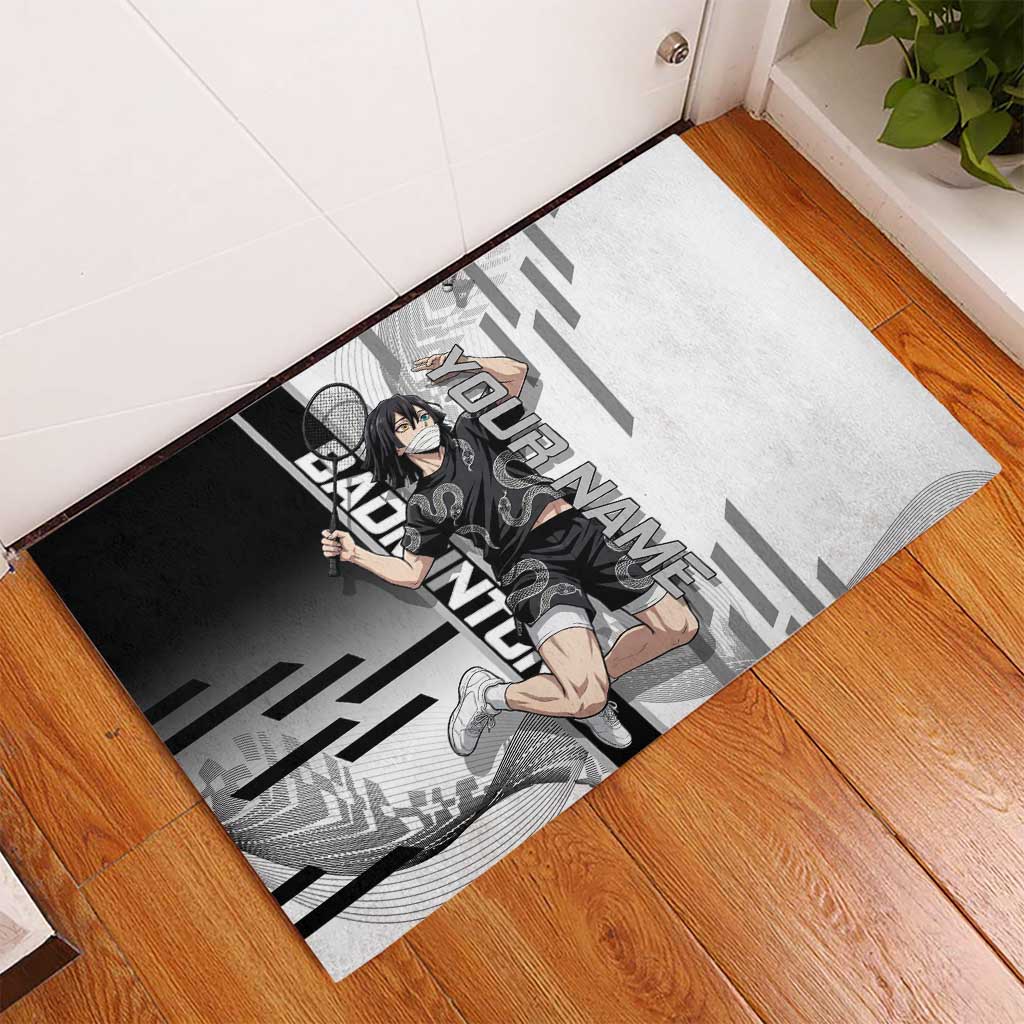 Personalized Obanai Iguro Demon Slayer Badminton Rubber Doormat with Racket Action Pose and Black White Graphic Design - The Mazicc
