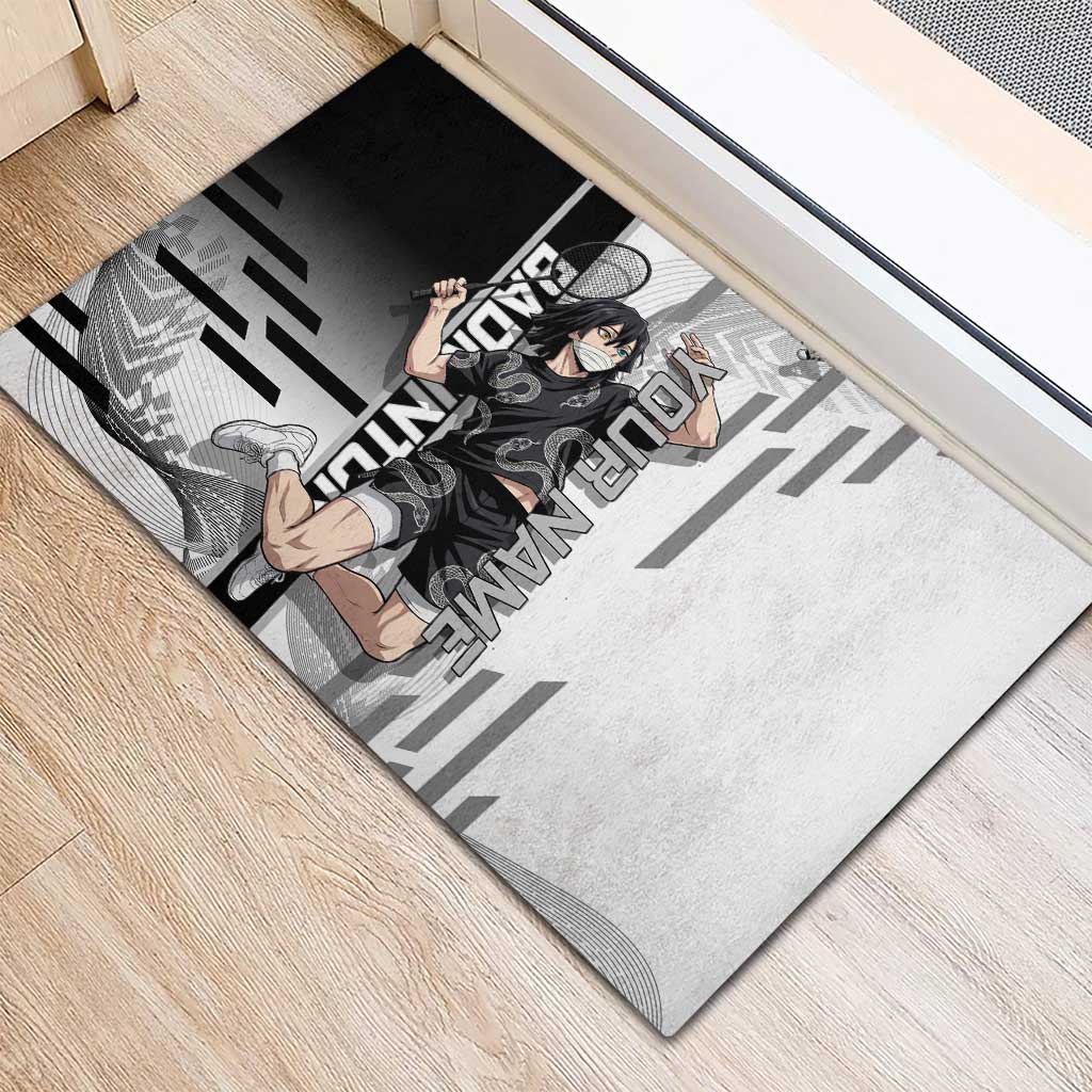 Personalized Obanai Iguro Demon Slayer Badminton Rubber Doormat with Racket Action Pose and Black White Graphic Design - The Mazicc
