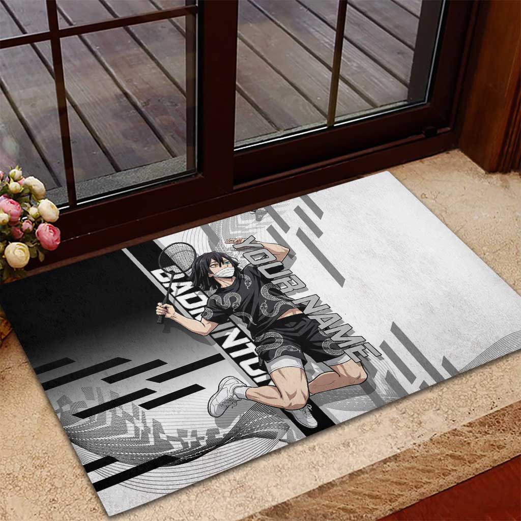 Personalized Obanai Iguro Demon Slayer Badminton Rubber Doormat with Racket Action Pose and Black White Graphic Design - The Mazicc