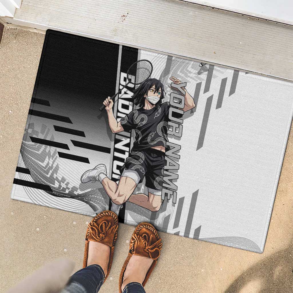 Personalized Obanai Iguro Demon Slayer Badminton Rubber Doormat with Racket Action Pose and Black White Graphic Design - The Mazicc