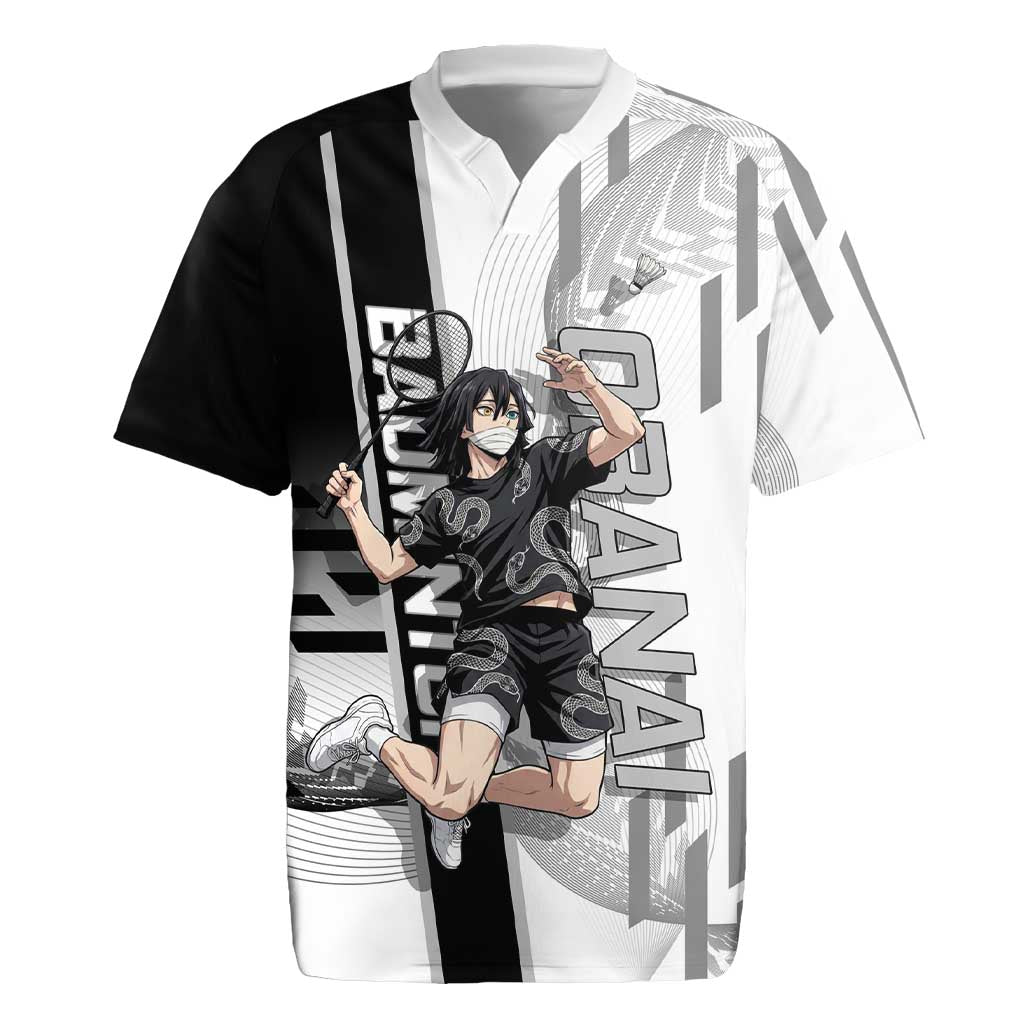 Personalized Obanai Iguro Demon Slayer Badminton Rugby Jersey with Racket Action Pose and Black White Graphic Design - The Mazicc