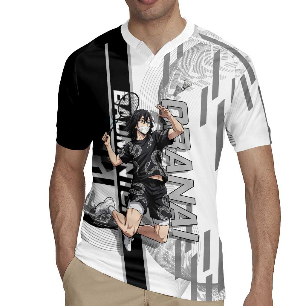 Personalized Obanai Iguro Demon Slayer Badminton Rugby Jersey with Racket Action Pose and Black White Graphic Design - The Mazicc