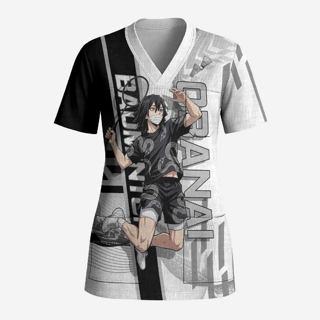 Personalized Obanai Iguro Demon Slayer Badminton Scrub Top with Racket Action Pose and Black White Graphic Design - The Mazicc