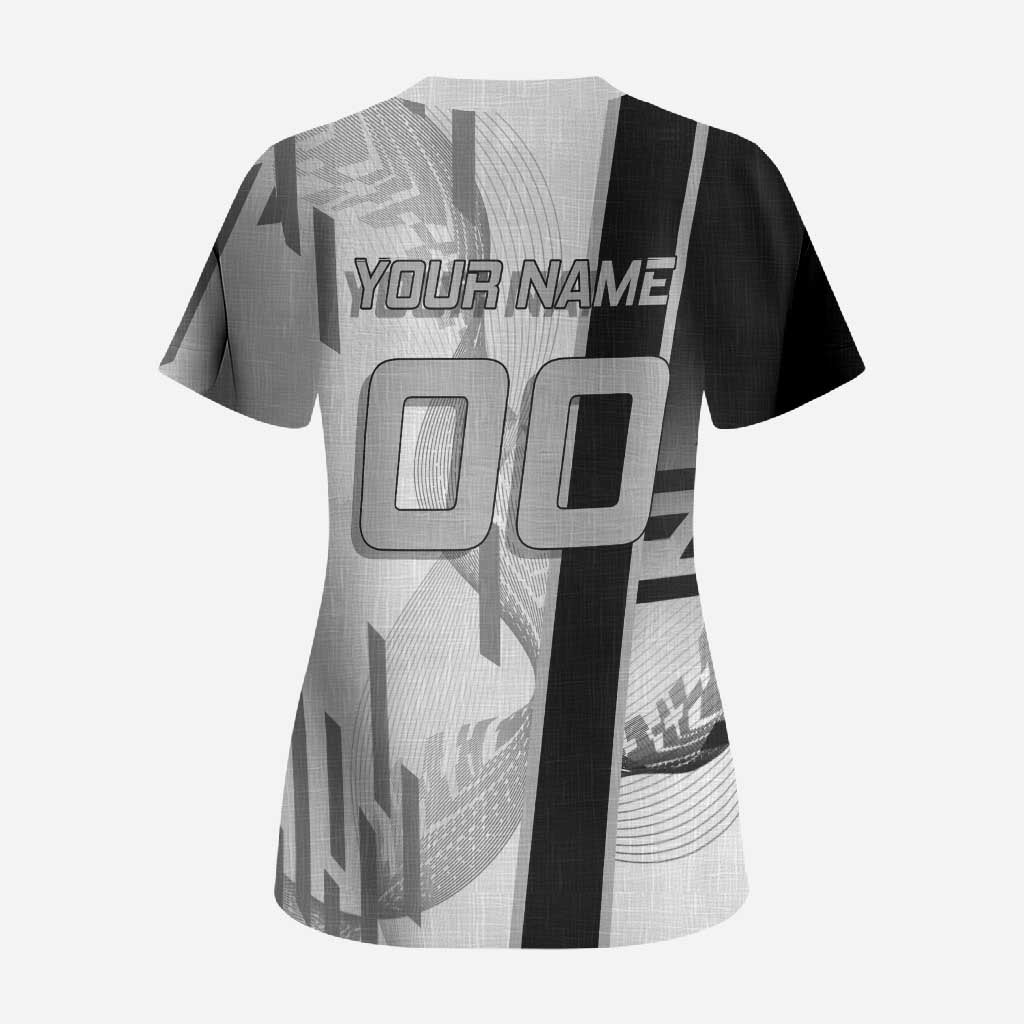 Personalized Obanai Iguro Demon Slayer Badminton Scrub Top with Racket Action Pose and Black White Graphic Design - The Mazicc
