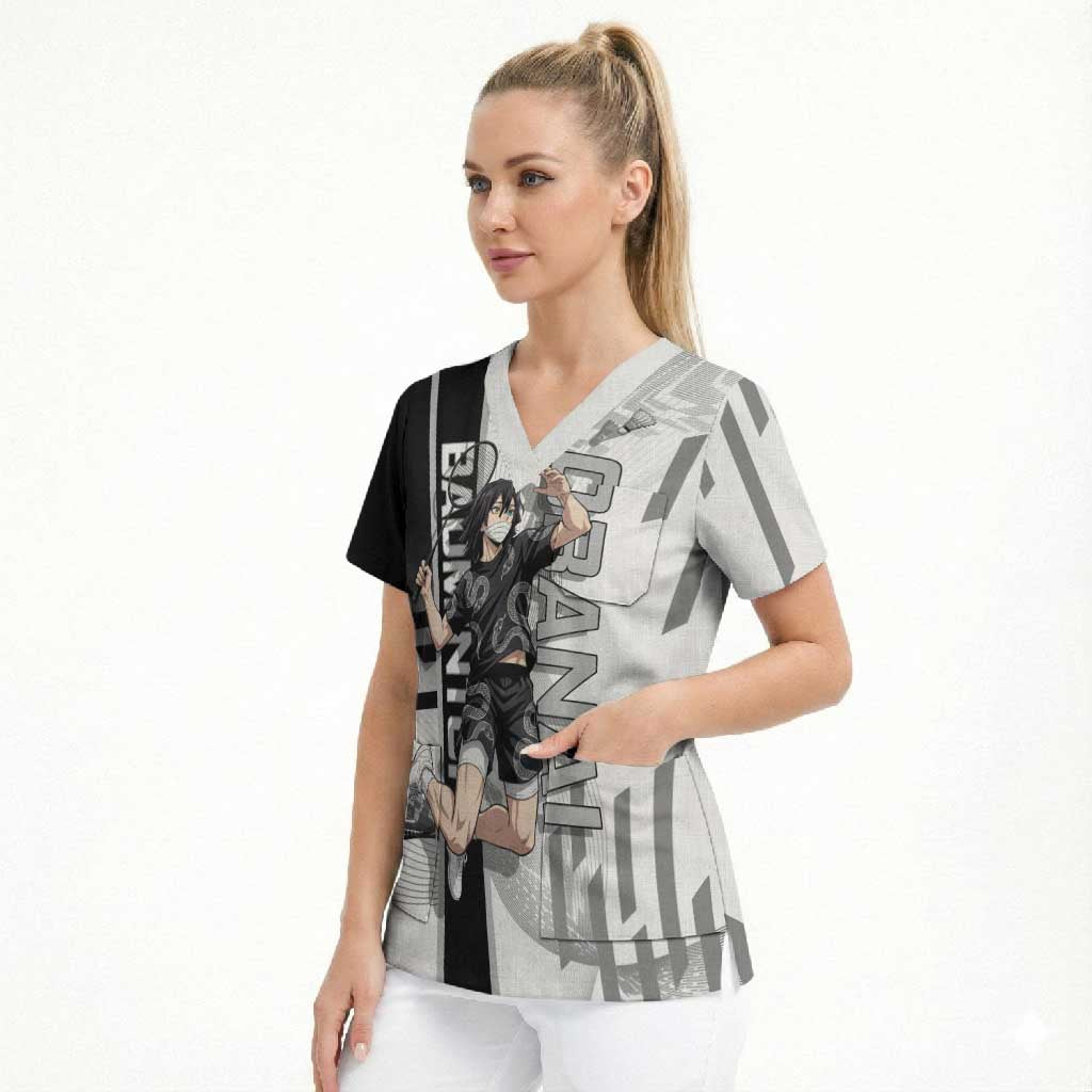 Personalized Obanai Iguro Demon Slayer Badminton Scrub Top with Racket Action Pose and Black White Graphic Design - The Mazicc
