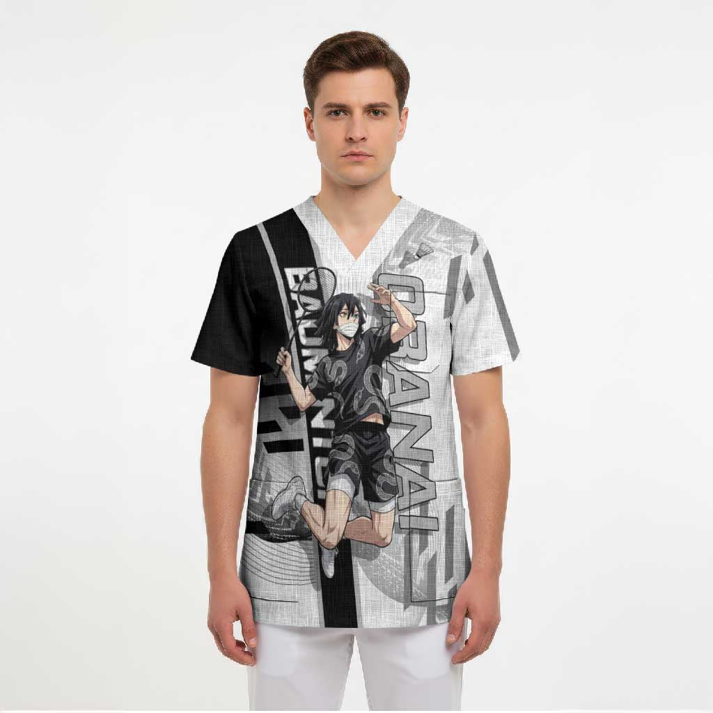 Personalized Obanai Iguro Demon Slayer Badminton Scrub Top with Racket Action Pose and Black White Graphic Design - The Mazicc