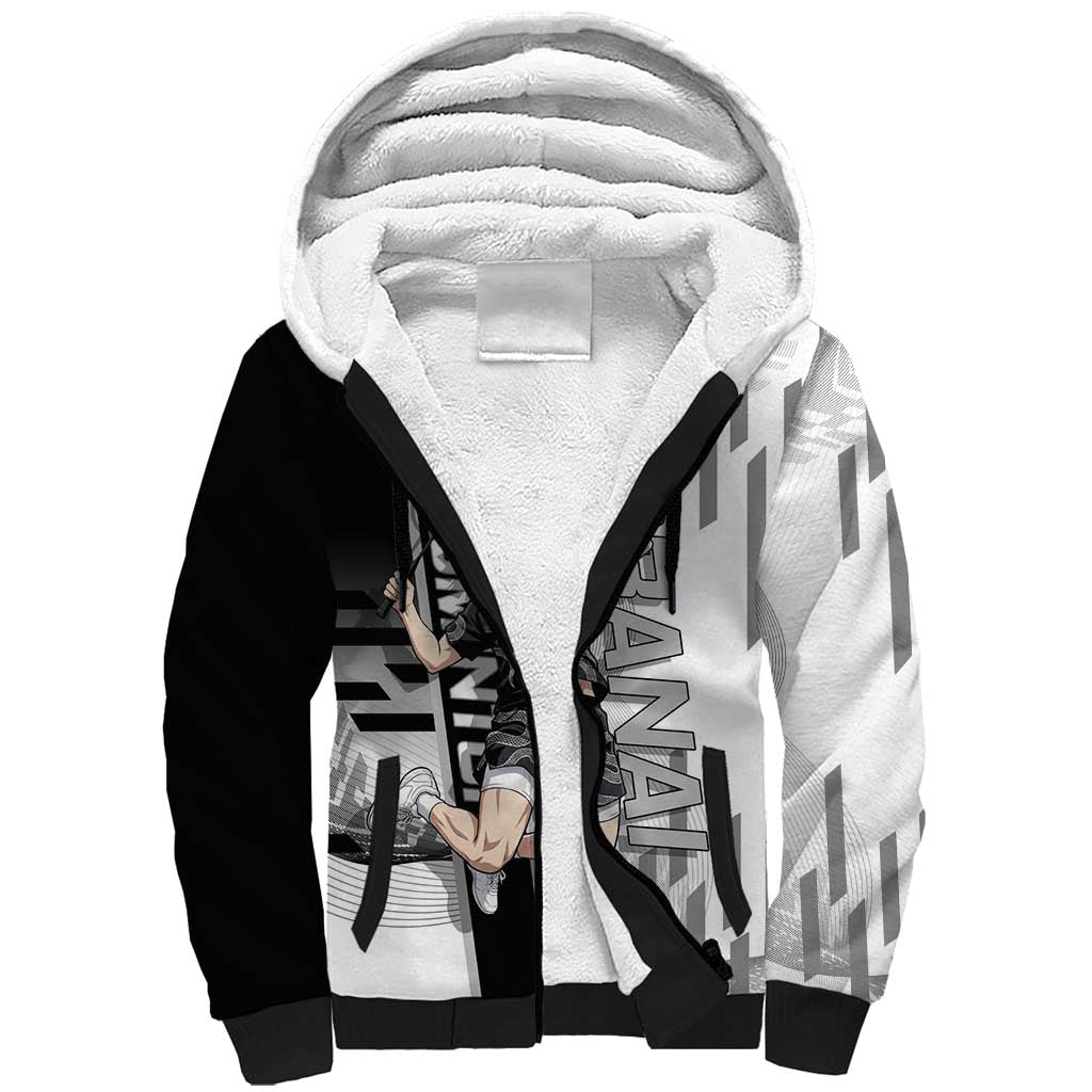 Personalized Obanai Iguro Demon Slayer Badminton Sherpa Hoodie with Racket Action Pose and Black White Graphic Design - The Mazicc