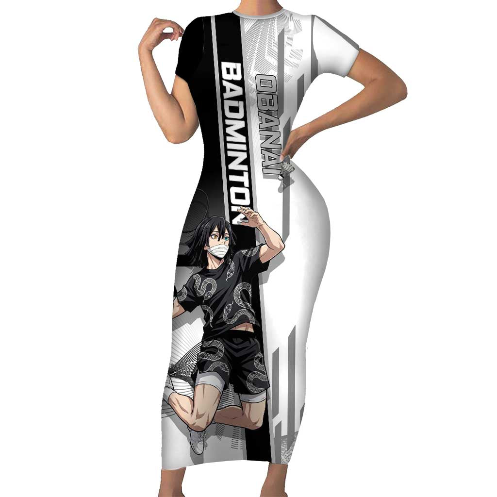 Personalized Obanai Iguro Demon Slayer Badminton Short Sleeve Bodycon Dress with Racket Action Pose and Black White Graphic Design - The Mazicc