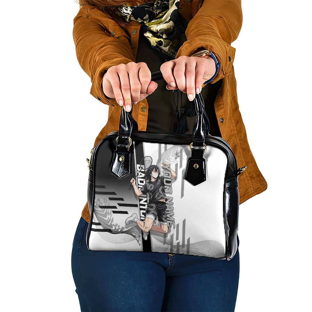 Personalized Obanai Iguro Demon Slayer Badminton Shoulder Handbag with Racket Action Pose and Black White Graphic Design - The Mazicc