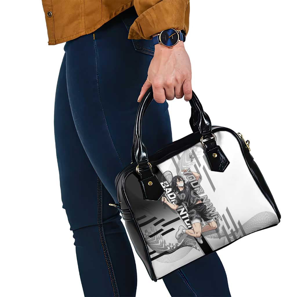 Personalized Obanai Iguro Demon Slayer Badminton Shoulder Handbag with Racket Action Pose and Black White Graphic Design - The Mazicc