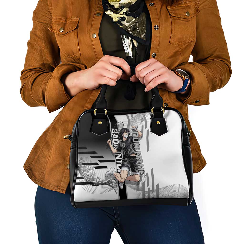 Personalized Obanai Iguro Demon Slayer Badminton Shoulder Handbag with Racket Action Pose and Black White Graphic Design - The Mazicc