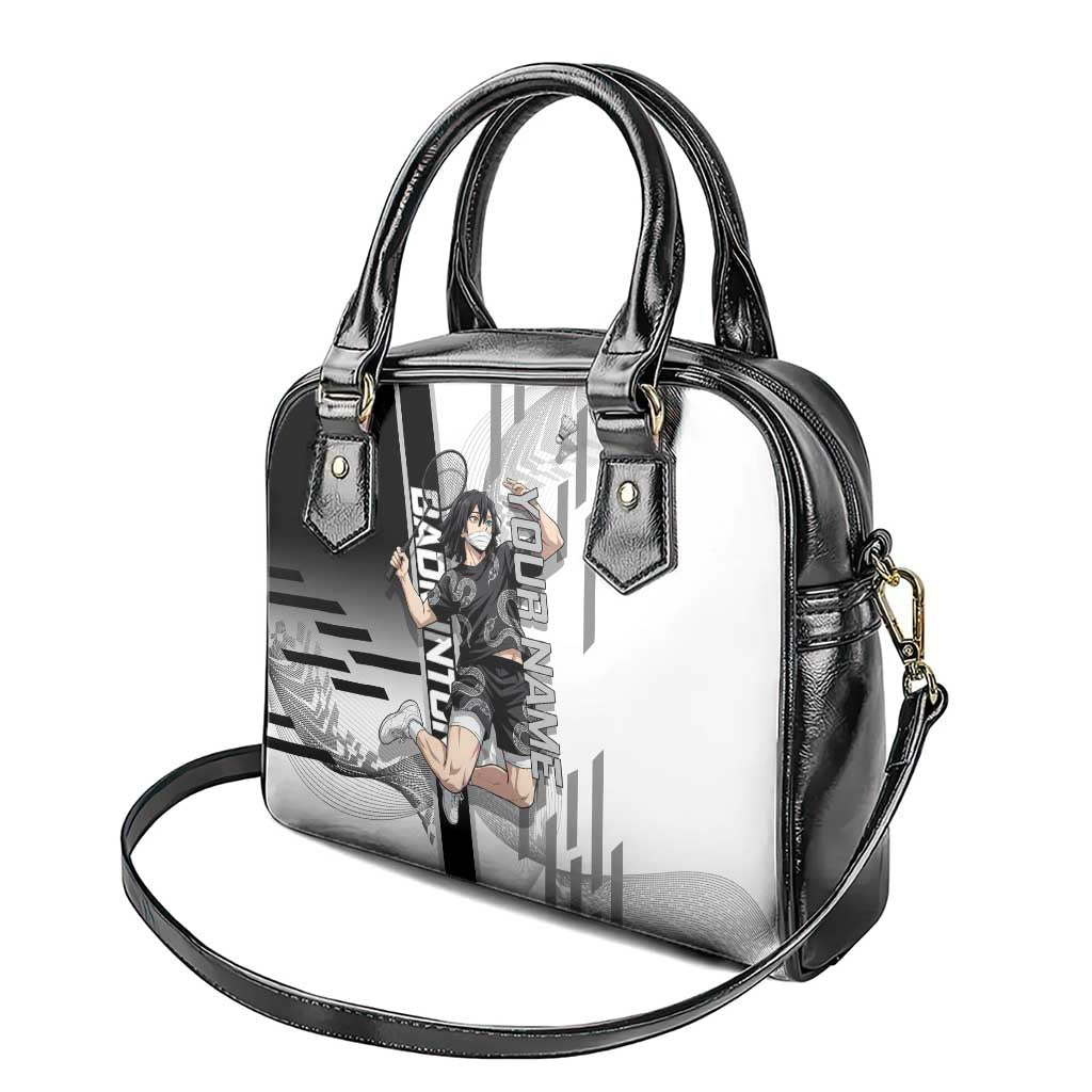Personalized Obanai Iguro Demon Slayer Badminton Shoulder Handbag with Racket Action Pose and Black White Graphic Design - The Mazicc
