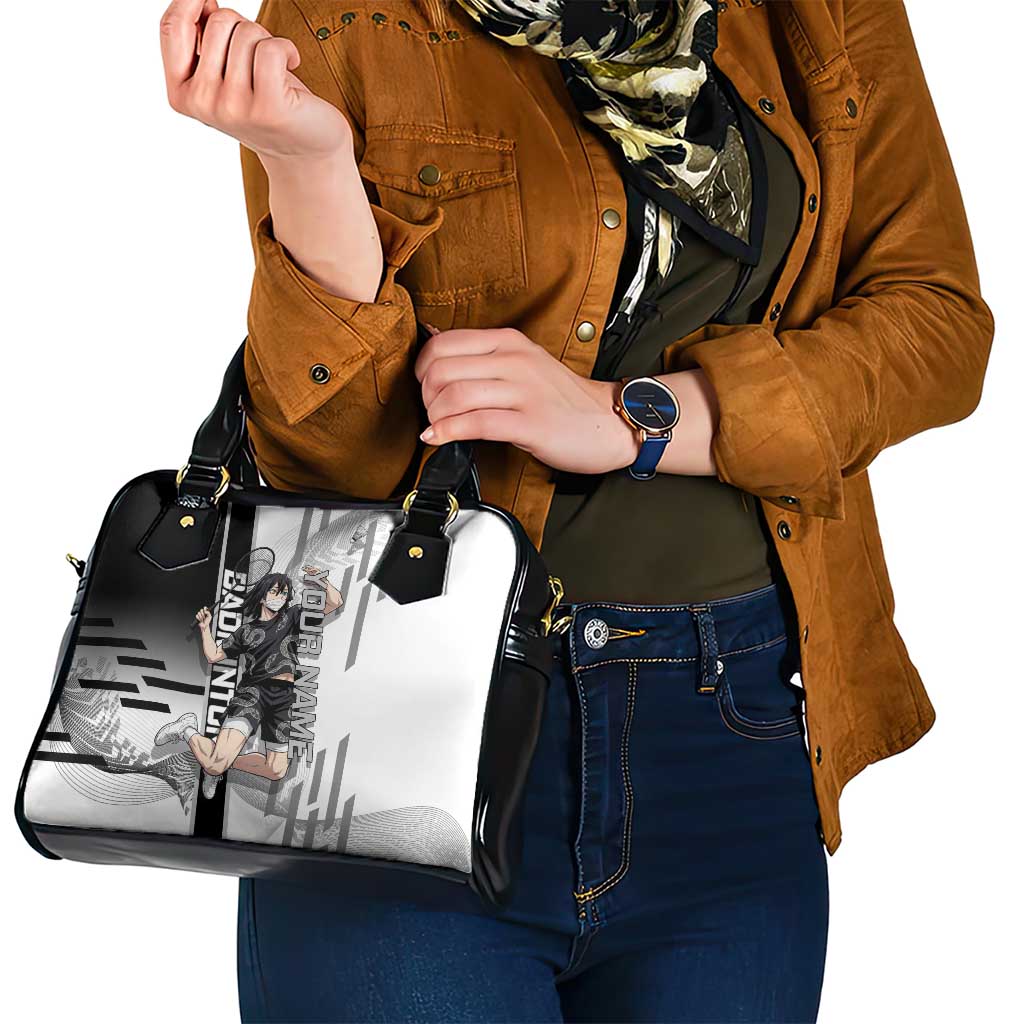 Personalized Obanai Iguro Demon Slayer Badminton Shoulder Handbag with Racket Action Pose and Black White Graphic Design - The Mazicc