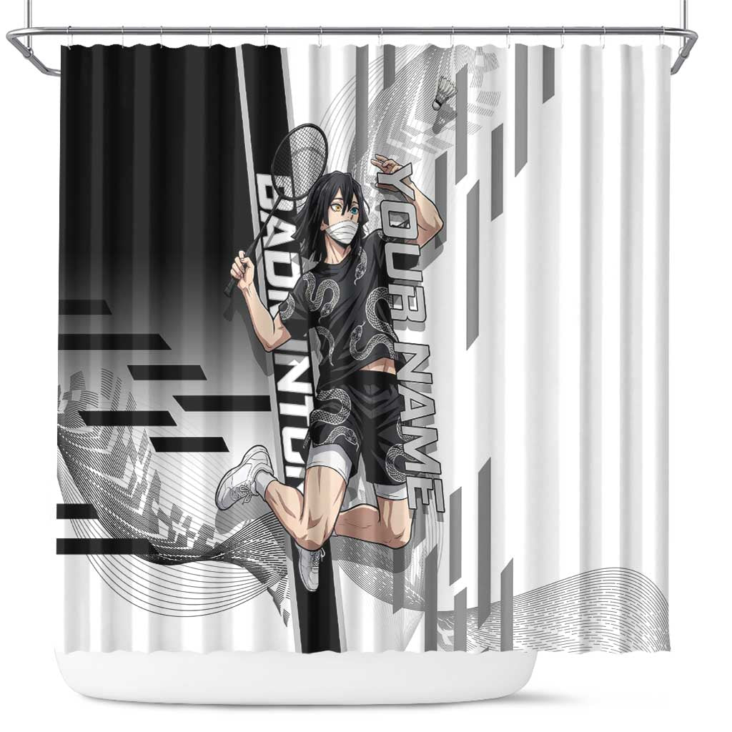 Personalized Obanai Iguro Demon Slayer Badminton Shower Curtain with Racket Action Pose and Black White Graphic Design - The Mazicc