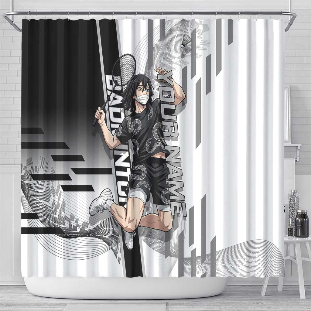 Personalized Obanai Iguro Demon Slayer Badminton Shower Curtain with Racket Action Pose and Black White Graphic Design - The Mazicc